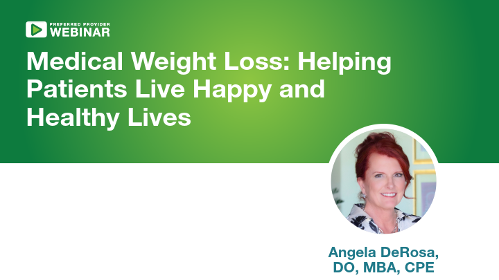 Webinar on medical weight loss with Angela DeRosa, DO, MBA, CPE, set against a green background.