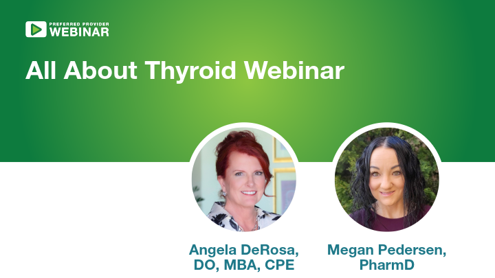Webinar graphic titled All About Thyroid featuring speakers Angela DeRosa and Megan Pedersen.
