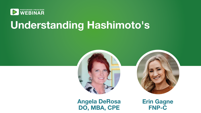 Webinar graphic titled Understanding Hashimoto’s, featuring speakers Angela DeRosa and Erin Gagne.