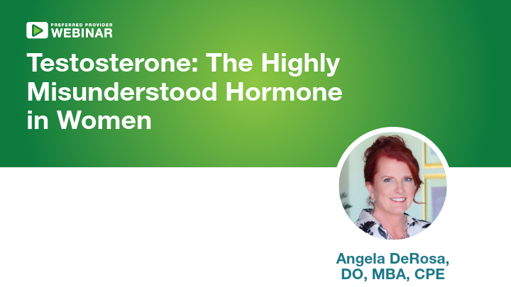 Webinar graphic featuring Angela DeRosa discussing testosterone in women.