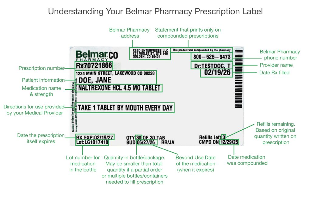 Visual diagram showing the prescription label in 2026 for a Belmar Pharmcy medication
